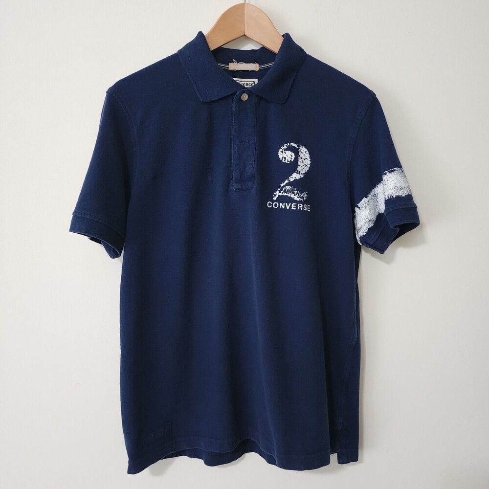Converse Mens Polo Shirt Navy White Graphic Print "2" Cotton Short Sleeve M